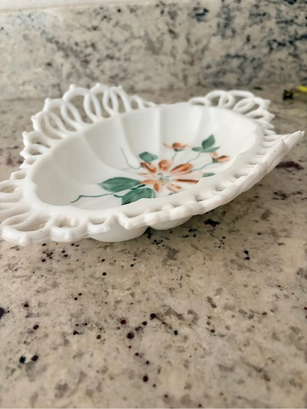 Antique EAPG Milk Glass Floral Openwork Bowl - White,Orange & Green